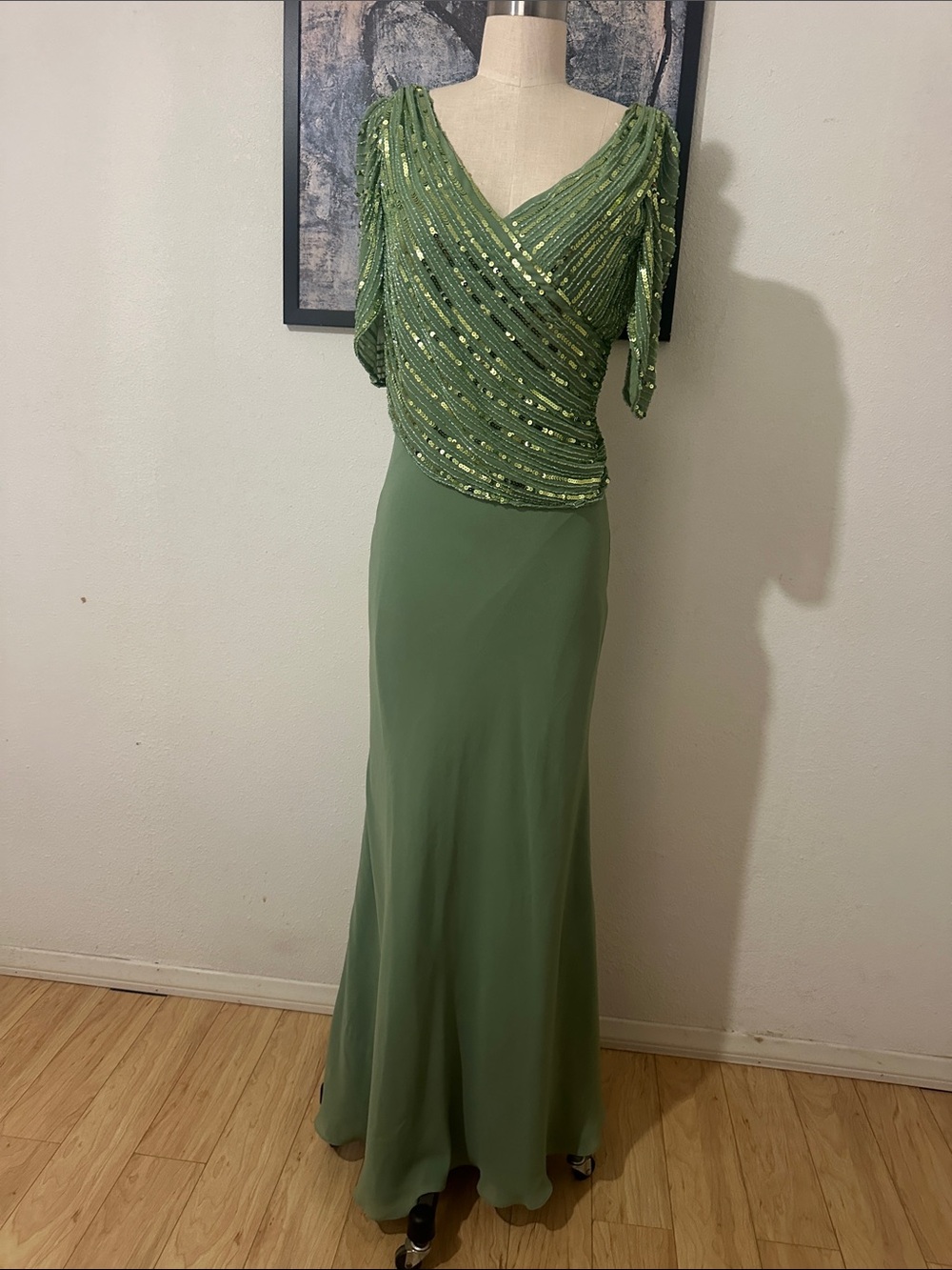 May Queen Olive Green Long Sleeve Sequin Evening Gown
